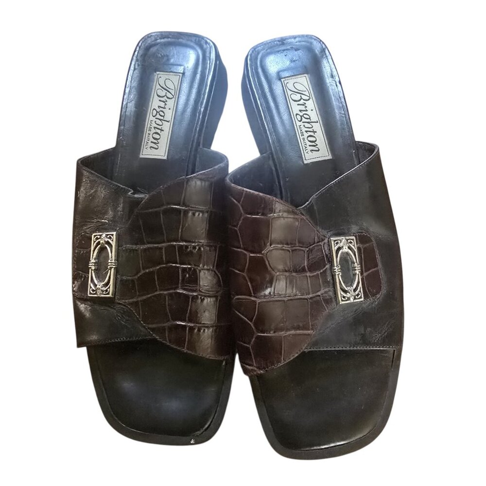 Vintage BRIGHTON Two Tone Leather Slip On Sandal Slide Made in Italy 8-1/2